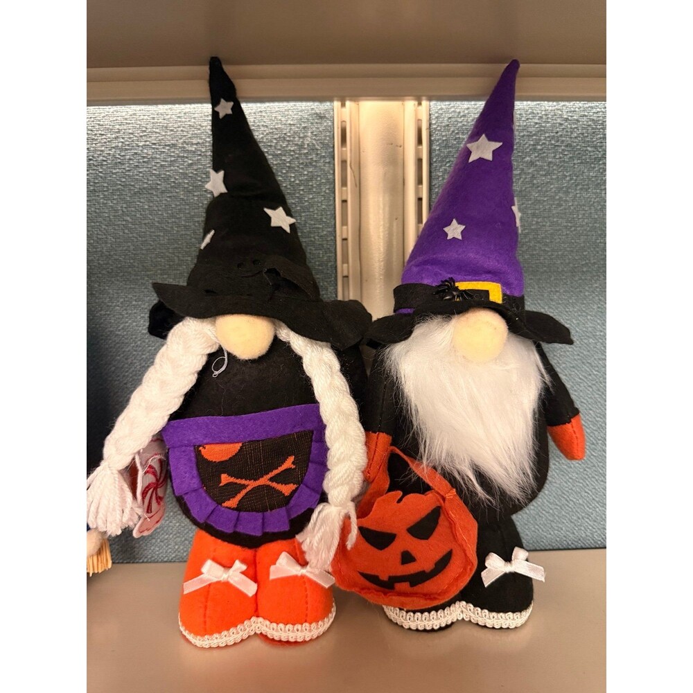 Set of 2 Halloween Witch & Wizard Plush Gnomes - Star Hats & Jack O’Lantern